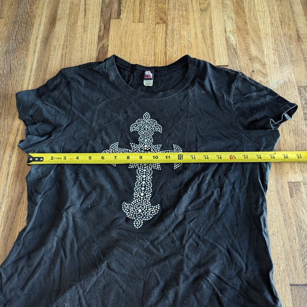 Silver Blingy Cross Black Cap Sleeved T-Shirt Size XL - Picture 5 of 6